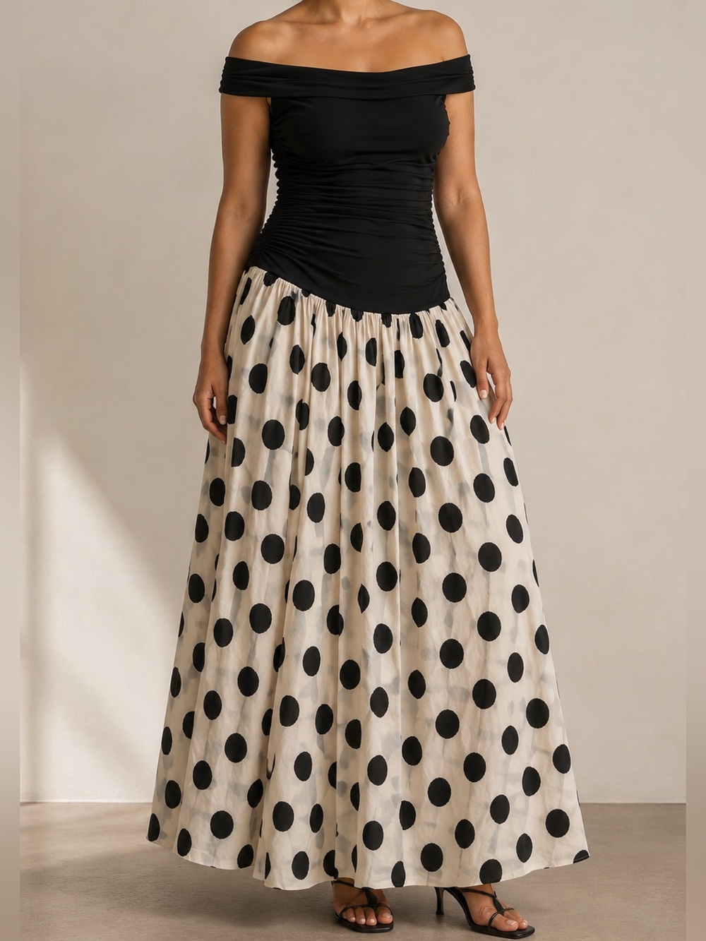 Off Shoulder Ruched Polka Dot Full Skirt Maxi Dress Romantic Retro Black Off-Sho - Picture 1 of 9